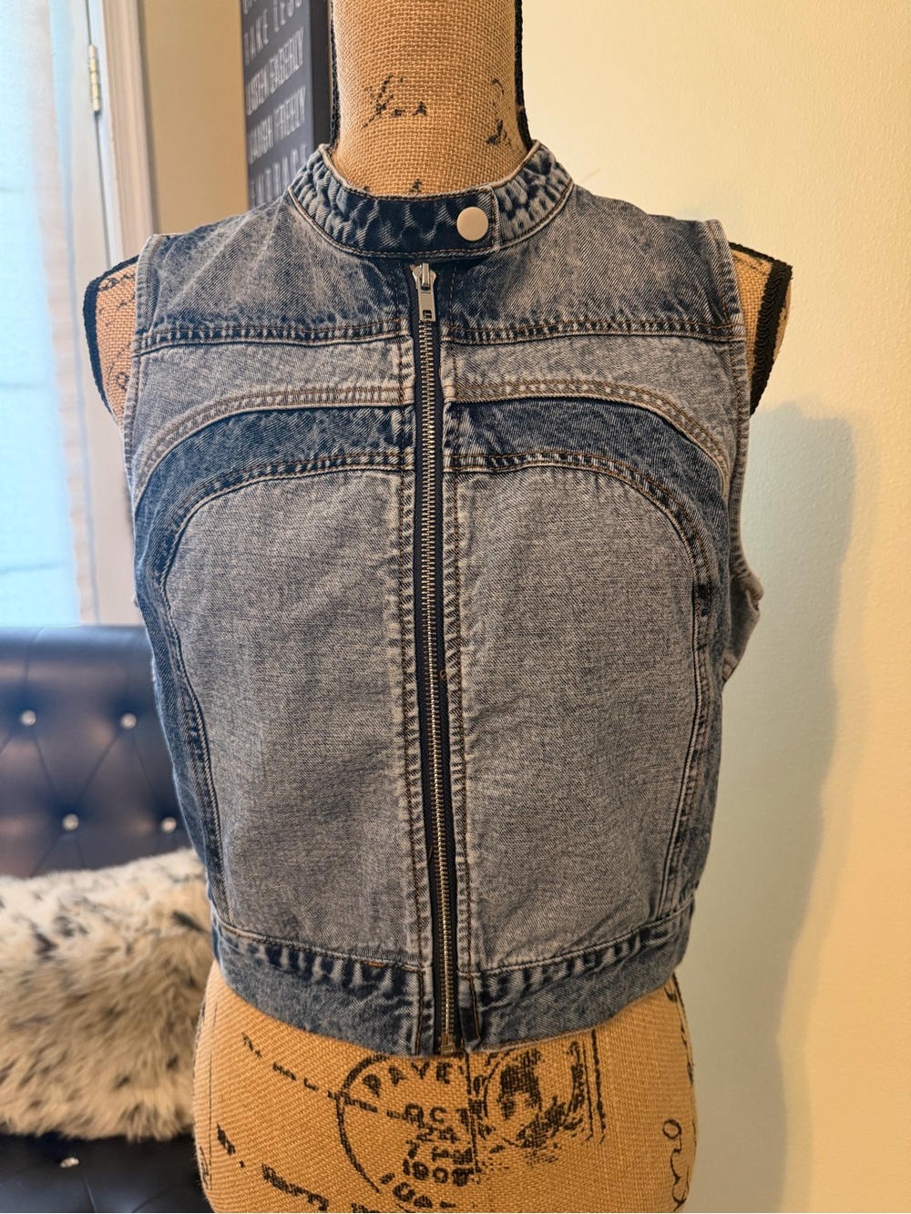 Fashion Nova Washed Blue Denim Vest with Mock Neck